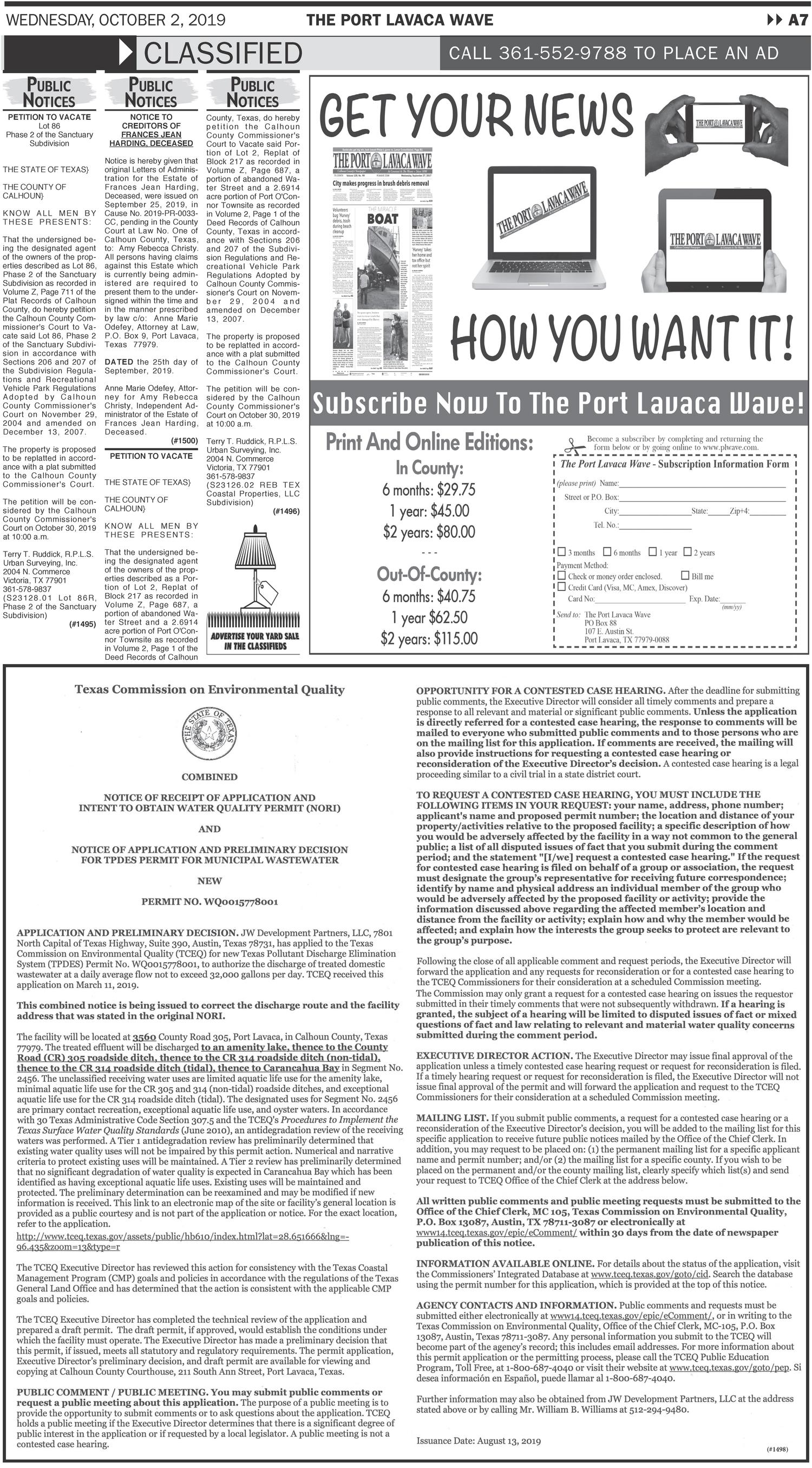 The Port Lavaca Wave (Port Lavaca, Tex.), Vol. 127, No. 52, Ed. 1 Wednesday, October 2, 2019
                                                
                                                    [Sequence #]: 7 of 12
                                                