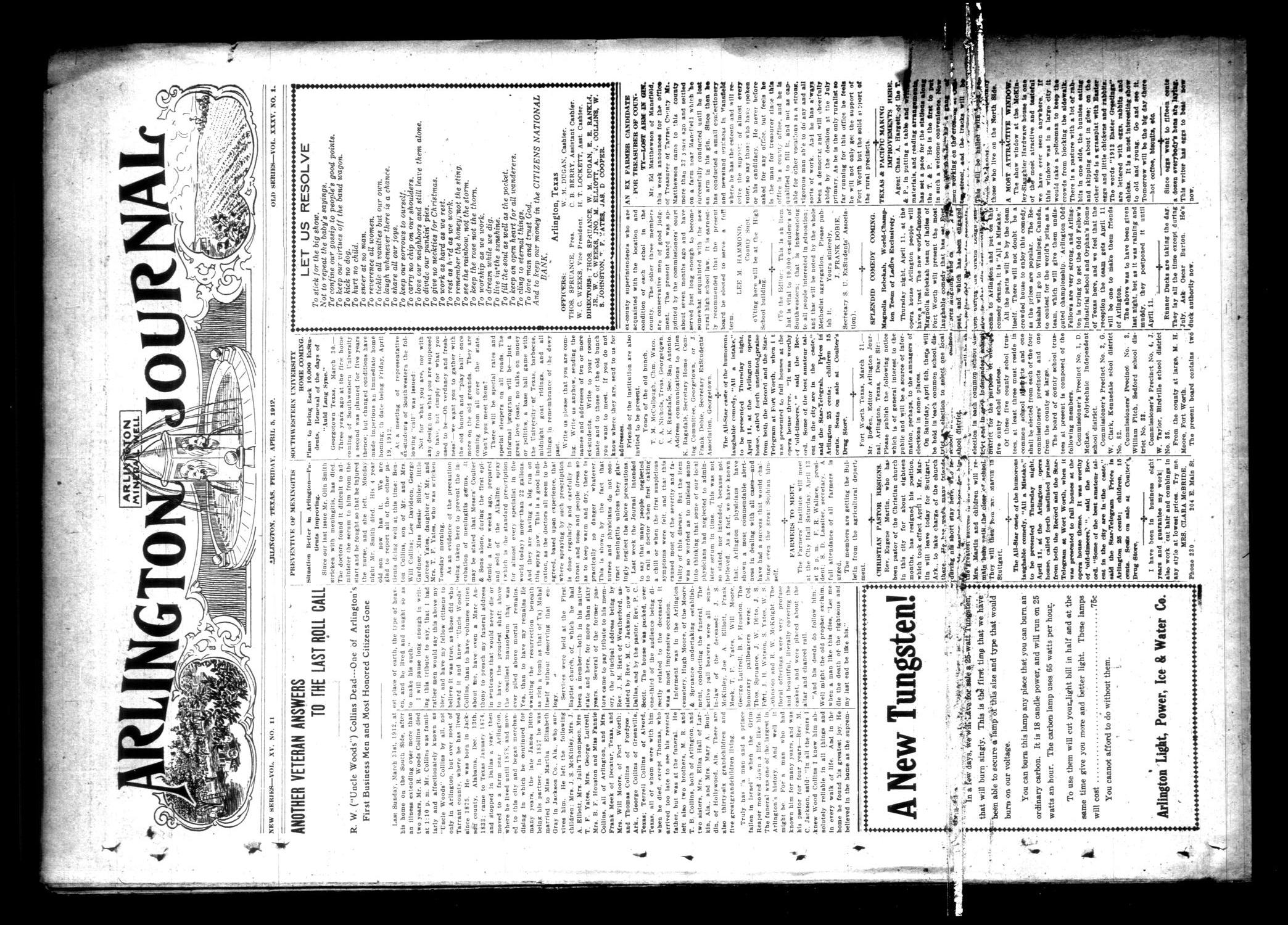 Arlington Journal (Arlington, Tex.), Vol. 15, No. 11, Ed. 1 Friday, April 5, 1912
                                                
                                                    [Sequence #]: 1 of 8
                                                