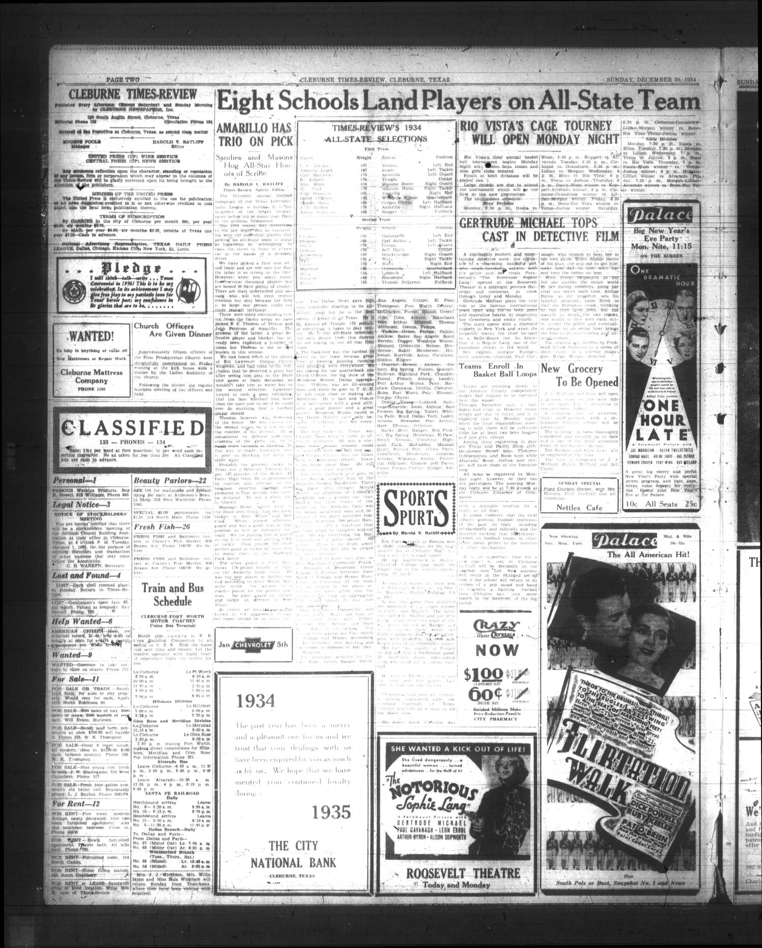 Cleburne Times-Review (Cleburne, Tex.), Vol. 30, No. 71, Ed. 1 Sunday, December 30, 1934
                                                
                                                    [Sequence #]: 2 of 6
                                                