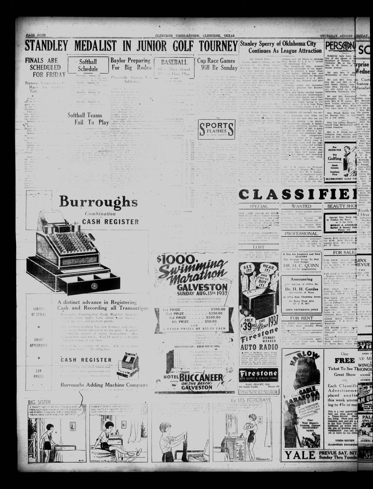 Cleburne Times-Review (Cleburne, Tex.), Vol. [32], No. 263, Ed. 1 Thursday, August 12, 1937
                                                
                                                    [Sequence #]: 4 of 6
                                                