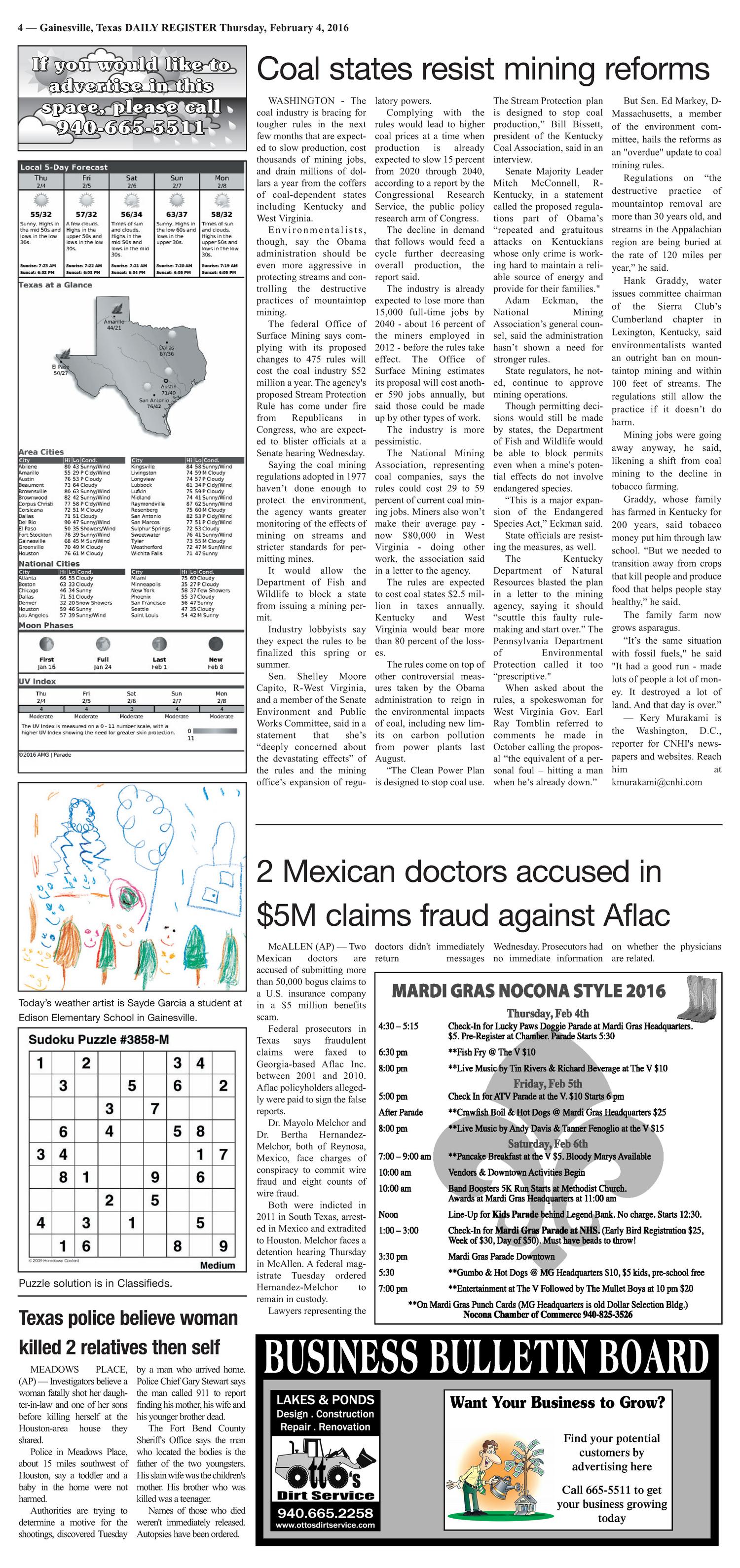 Gainesville Daily Register (Gainesville, Tex.), Vol. 126, No. 111, Ed. 1 Thursday, February 4, 2016
                                                
                                                    [Sequence #]: 4 of 10
                                                