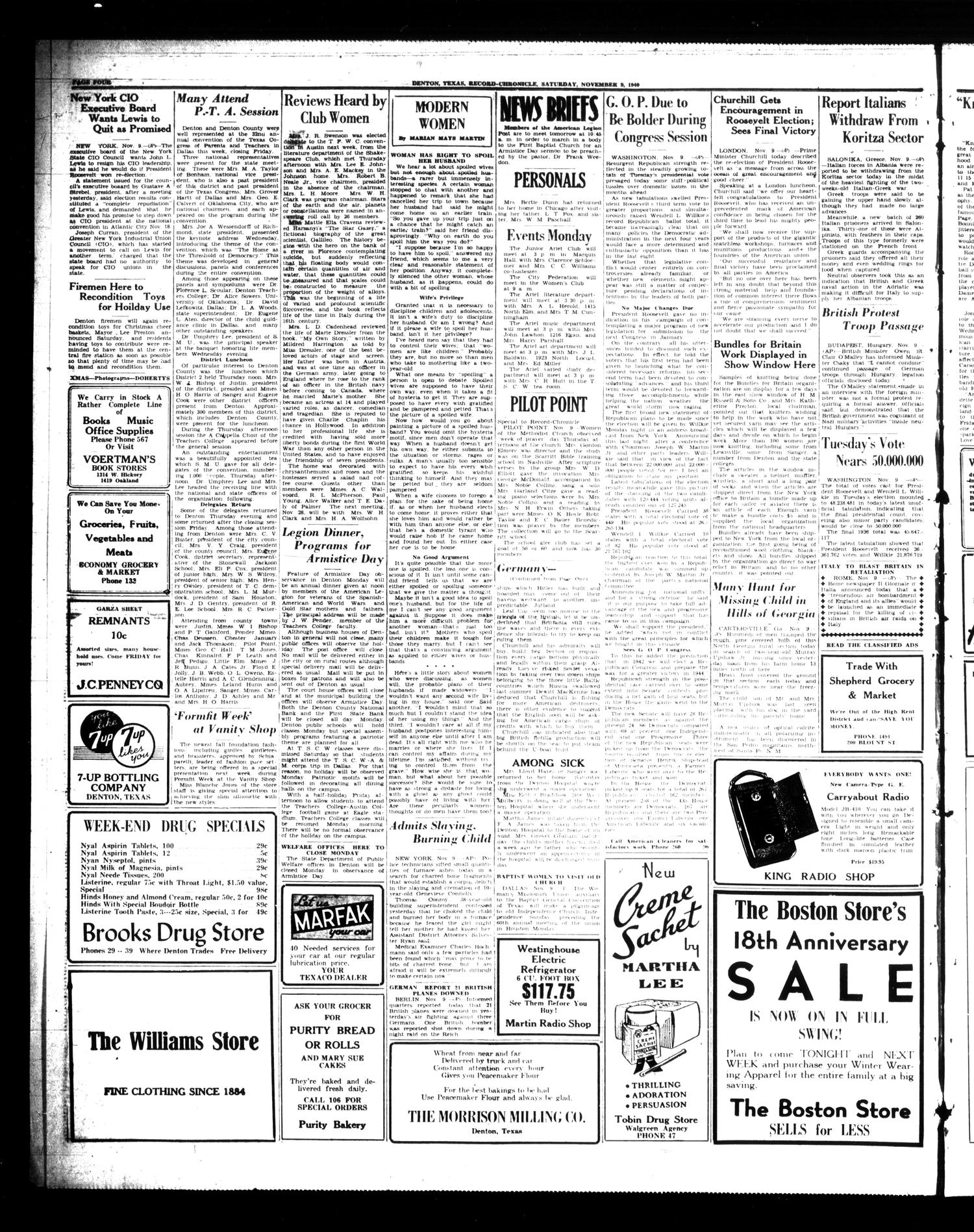 Denton Record-Chronicle (Denton, Tex.), Vol. 40, No. 75, Ed. 1 Saturday, November 9, 1940
                                                
                                                    [Sequence #]: 4 of 8
                                                