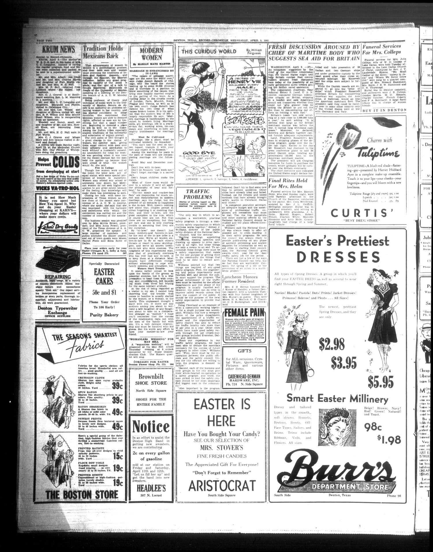 Denton Record-Chronicle (Denton, Tex.), Vol. 40, No. 204, Ed. 1 Wednesday, April 9, 1941
                                                
                                                    [Sequence #]: 2 of 8
                                                