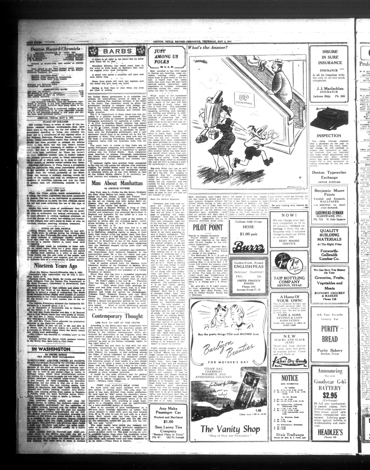 Denton Record-Chronicle (Denton, Tex.), Vol. 40, No. 229, Ed. 1 Thursday, May 8, 1941
                                                
                                                    [Sequence #]: 8 of 10
                                                