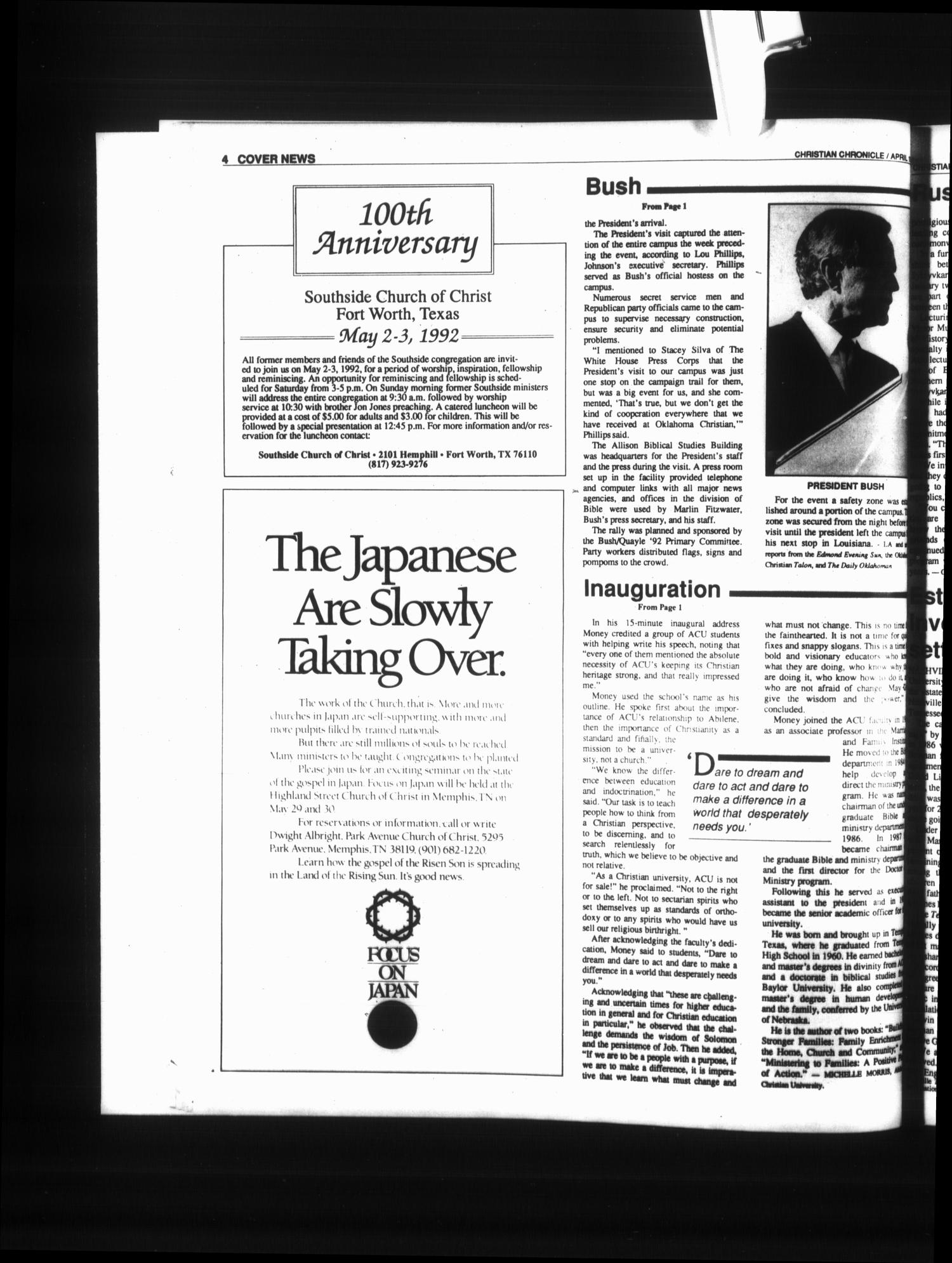 The Christian Chronicle (Oklahoma City, Okla.), Vol. 49, No. 4, Ed. 1 Wednesday, April 1, 1992
                                                
                                                    [Sequence #]: 4 of 32
                                                