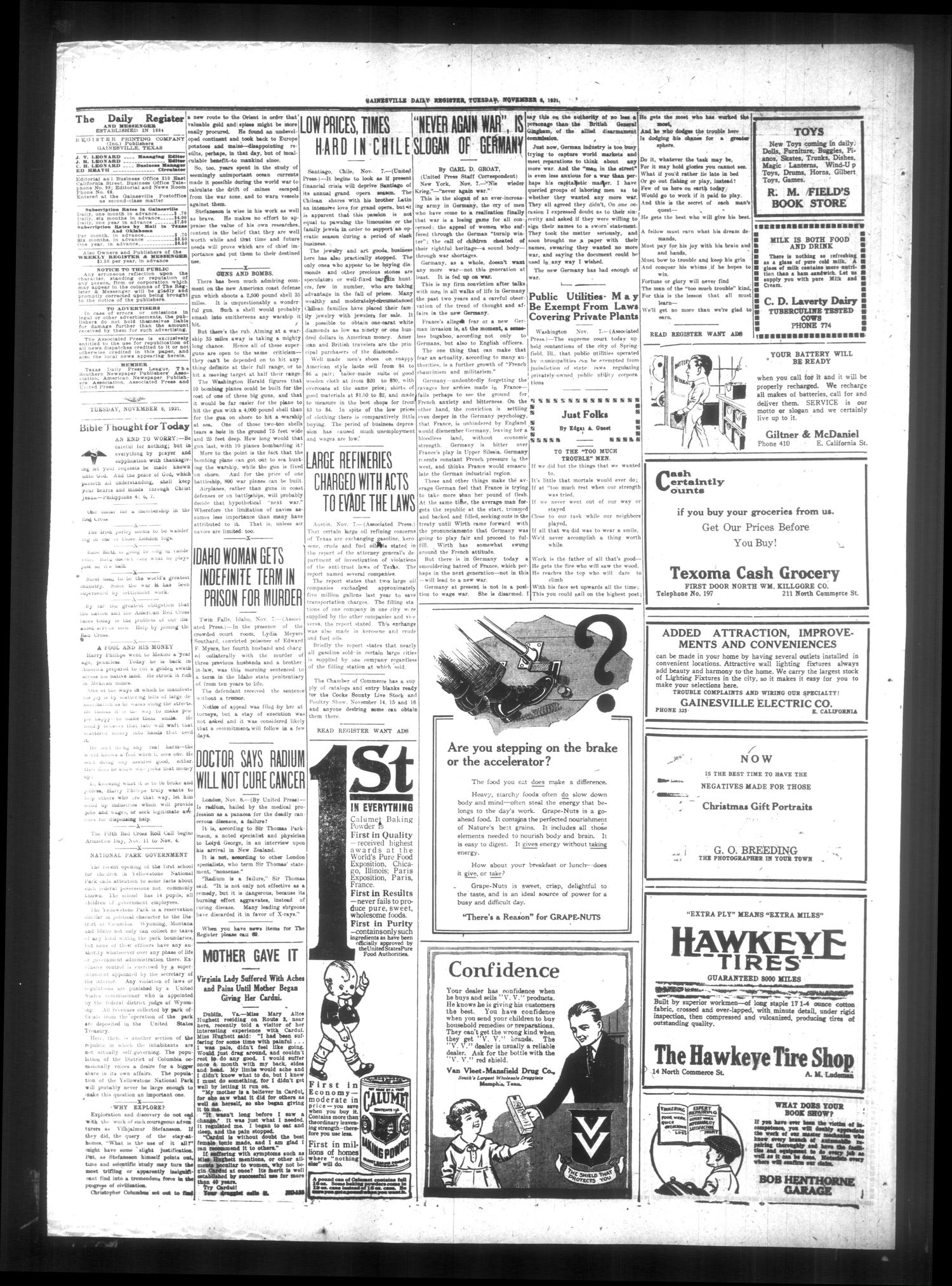 Gainesville Daily Register and Messenger (Gainesville, Tex.), Vol. 38, No. 83, Ed. 1 Tuesday, November 8, 1921
                                                
                                                    [Sequence #]: 4 of 6
                                                