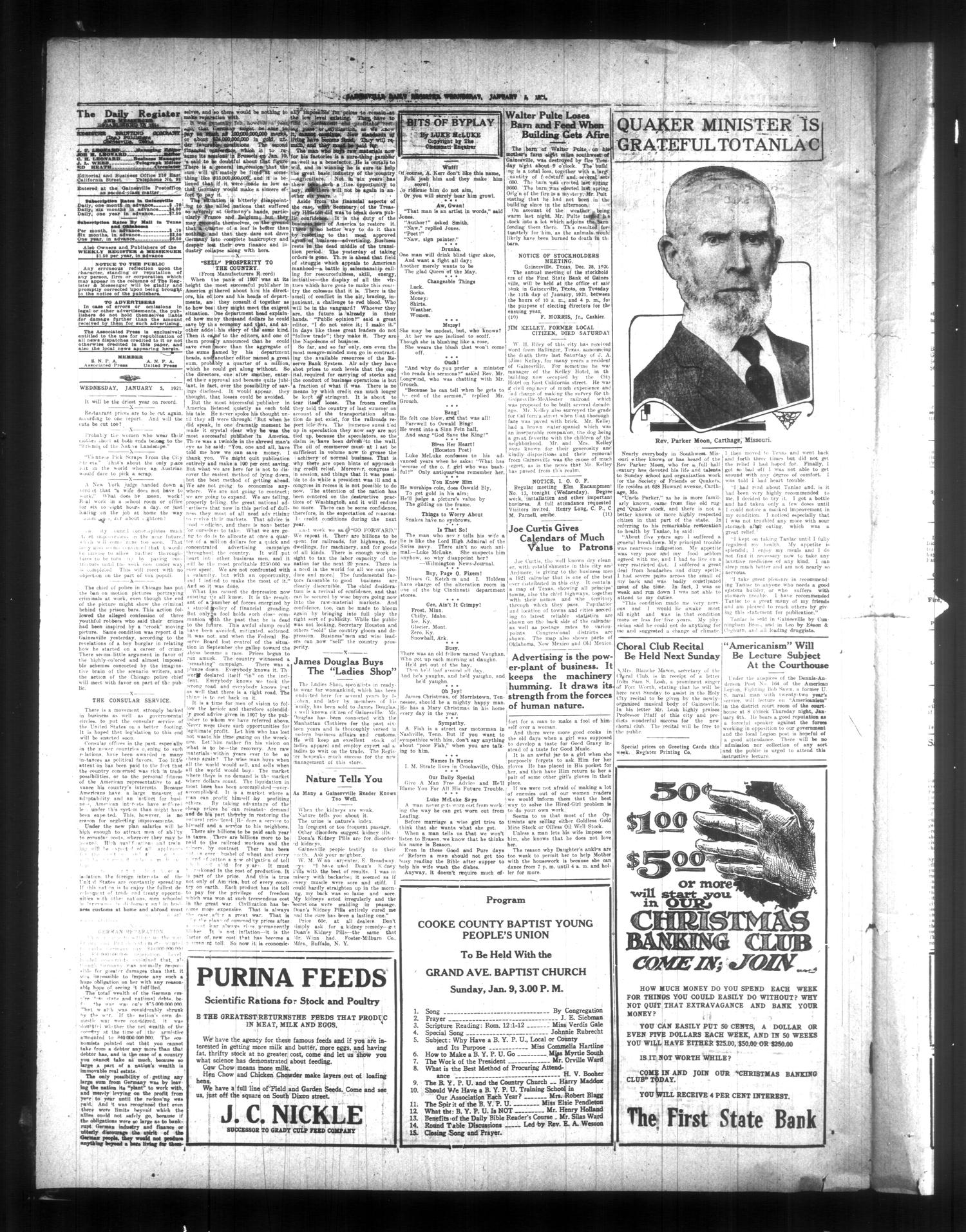 Gainesville Daily Register and Messenger (Gainesville, Tex.), Vol. 38, No. 135, Ed. 1 Wednesday, January 5, 1921
                                                
                                                    [Sequence #]: 2 of 4
                                                