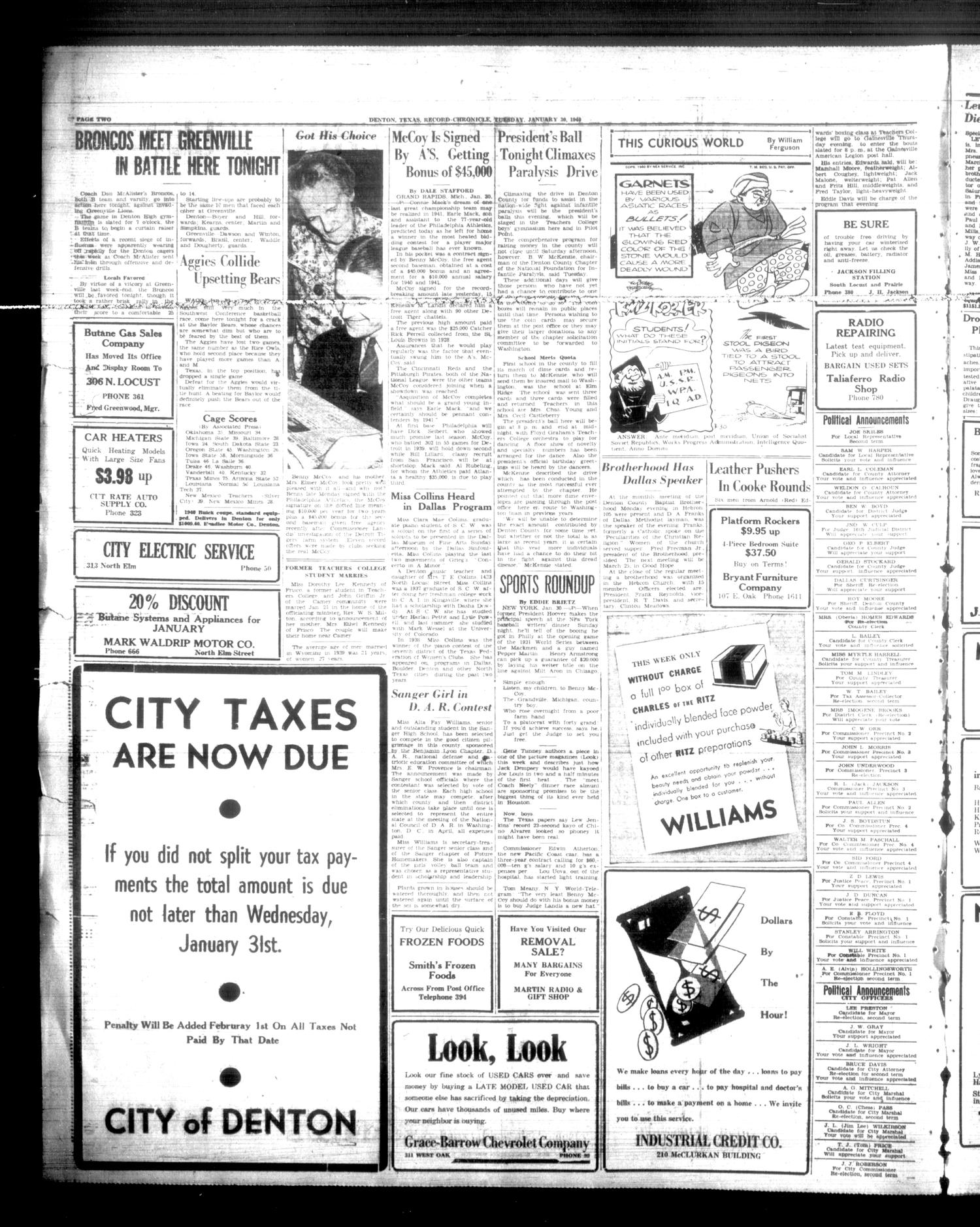 Denton Record-Chronicle (Denton, Tex.), Vol. 39, No. 145, Ed. 1 Tuesday, January 30, 1940
                                                
                                                    [Sequence #]: 2 of 6
                                                