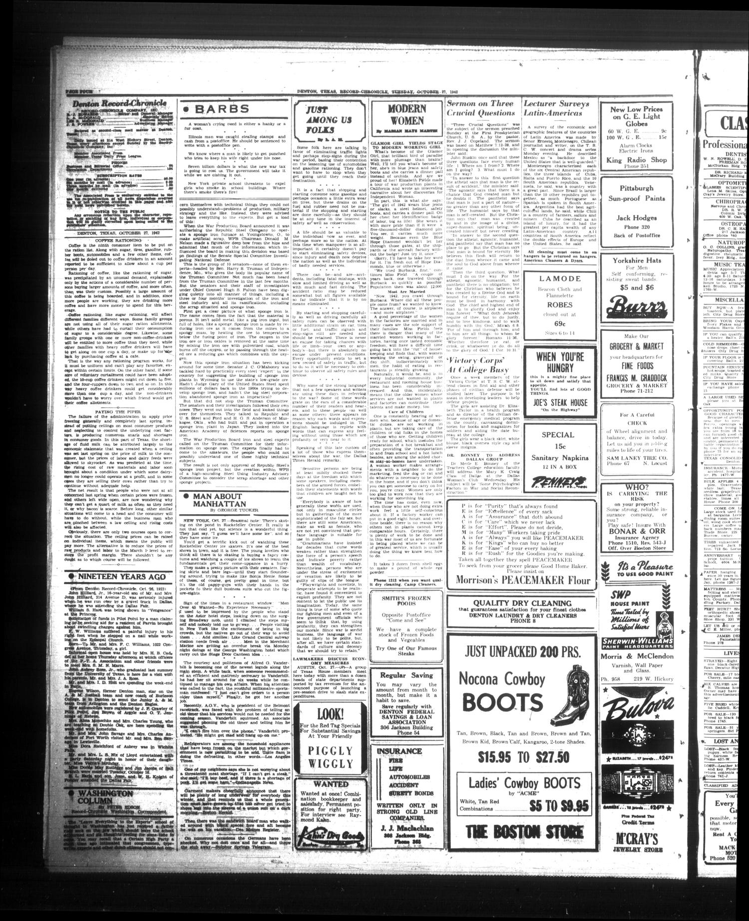 Denton Record-Chronicle (Denton, Tex.), Vol. 42, No. 63, Ed. 1 Tuesday, October 27, 1942
                                                
                                                    [Sequence #]: 4 of 6
                                                
