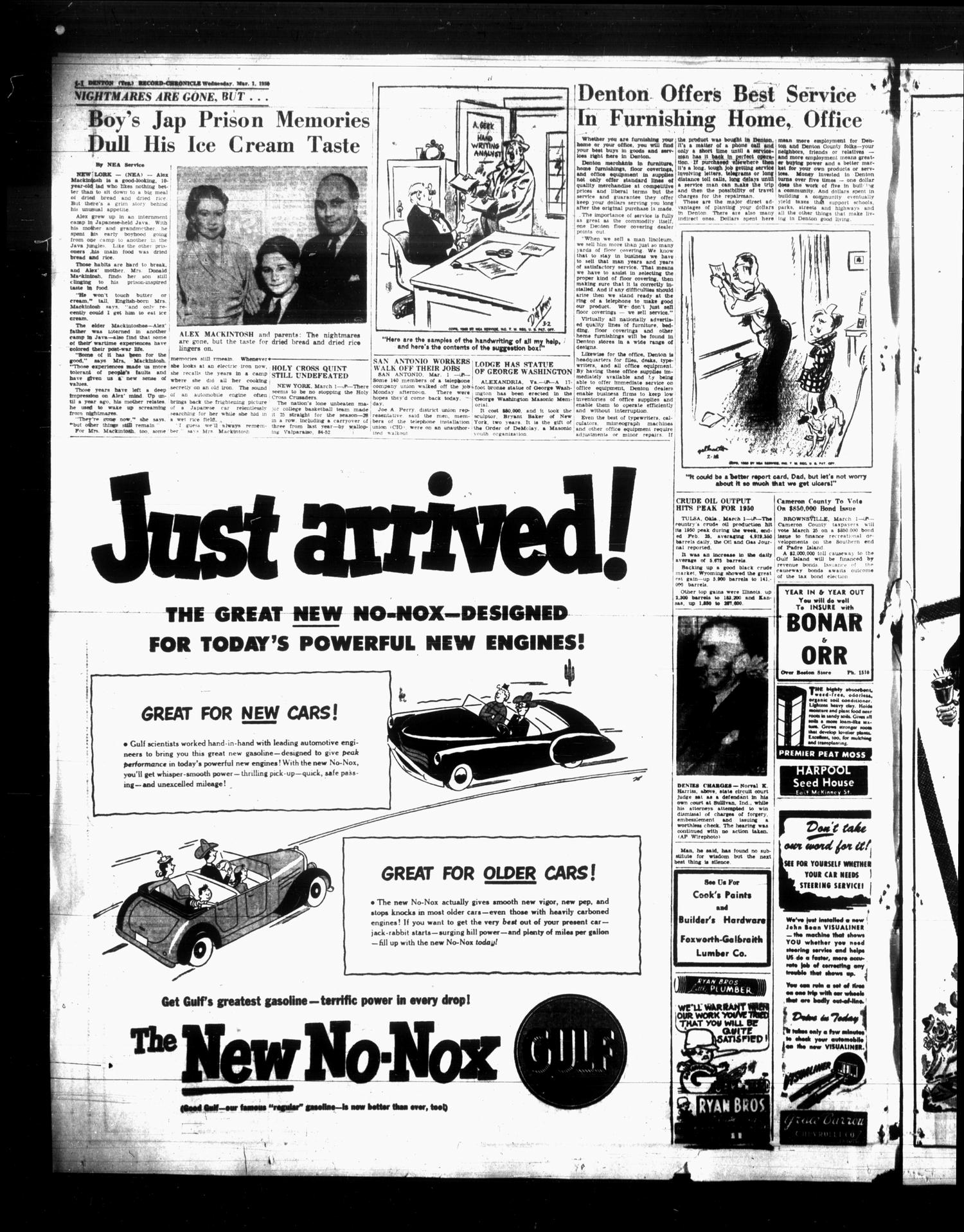 Denton Record-Chronicle (Denton, Tex.), Vol. 47, No. 172, Ed. 1 Wednesday, March 1, 1950
                                                
                                                    [Sequence #]: 4 of 16
                                                