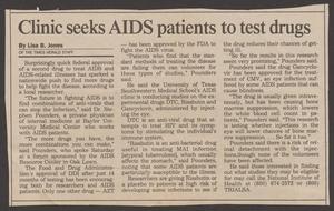 Primary view of object titled '[Clipping: Clinic seeks AIDS patients to test drugs]'.