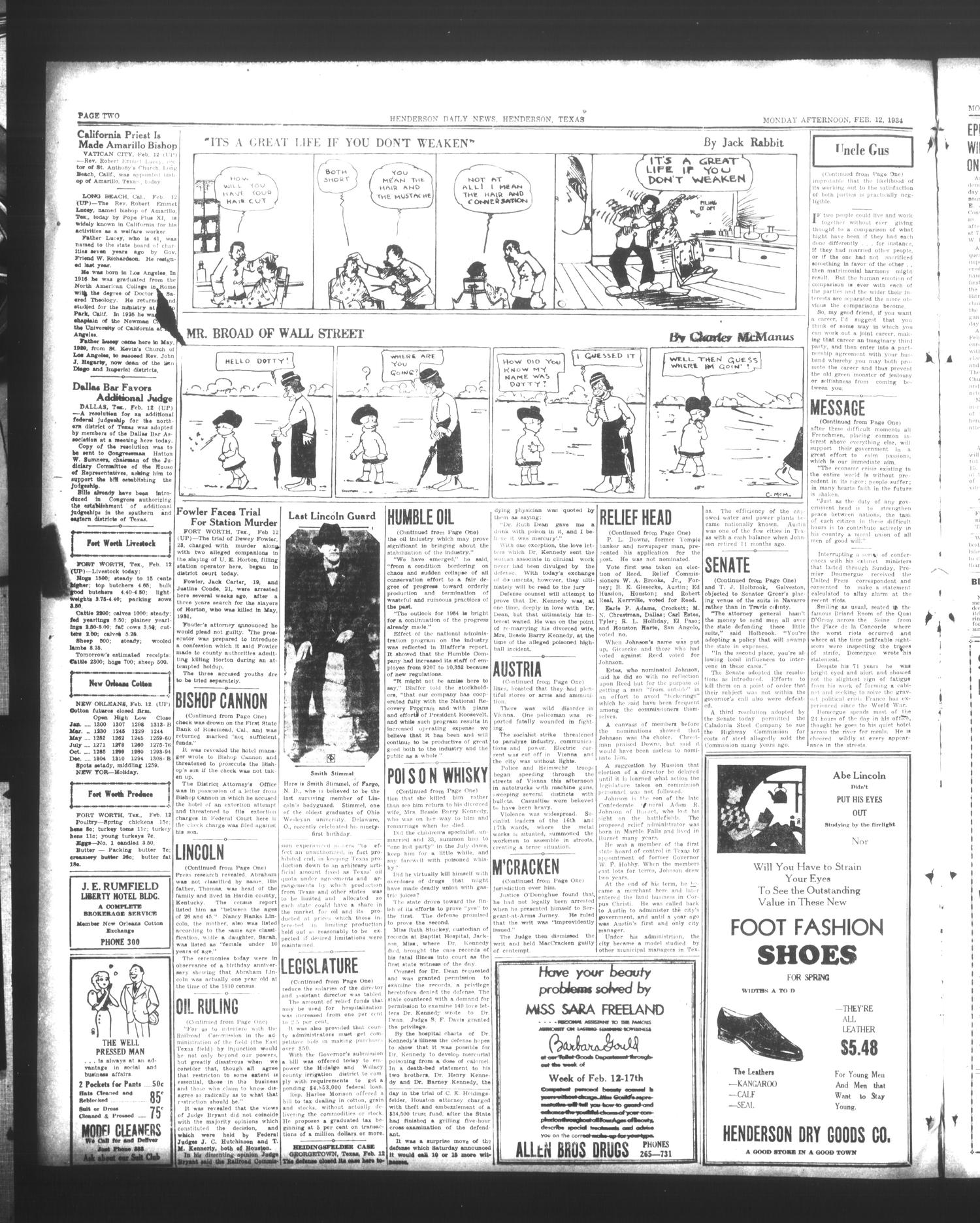 Henderson Daily News (Henderson, Tex.), Vol. 3, No. 278, Ed. 1 Monday, February 12, 1934
                                                
                                                    [Sequence #]: 2 of 8
                                                