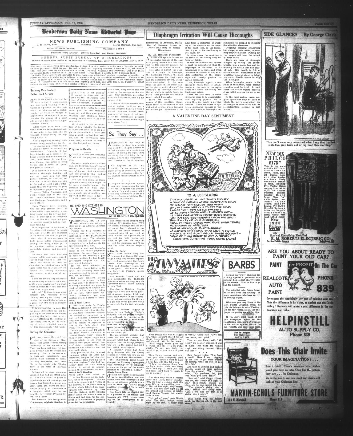 Henderson Daily News (Henderson, Tex.), Vol. 4, No. 283, Ed. 1 Tuesday, February 12, 1935
                                                
                                                    [Sequence #]: 7 of 10
                                                