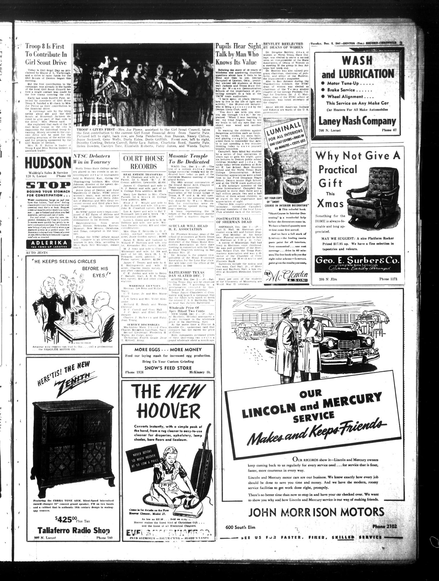 Denton Record-Chronicle (Denton, Tex.), Vol. 45, No. 94, Ed. 1 Tuesday, December 2, 1947
                                                
                                                    [Sequence #]: 3 of 8
                                                