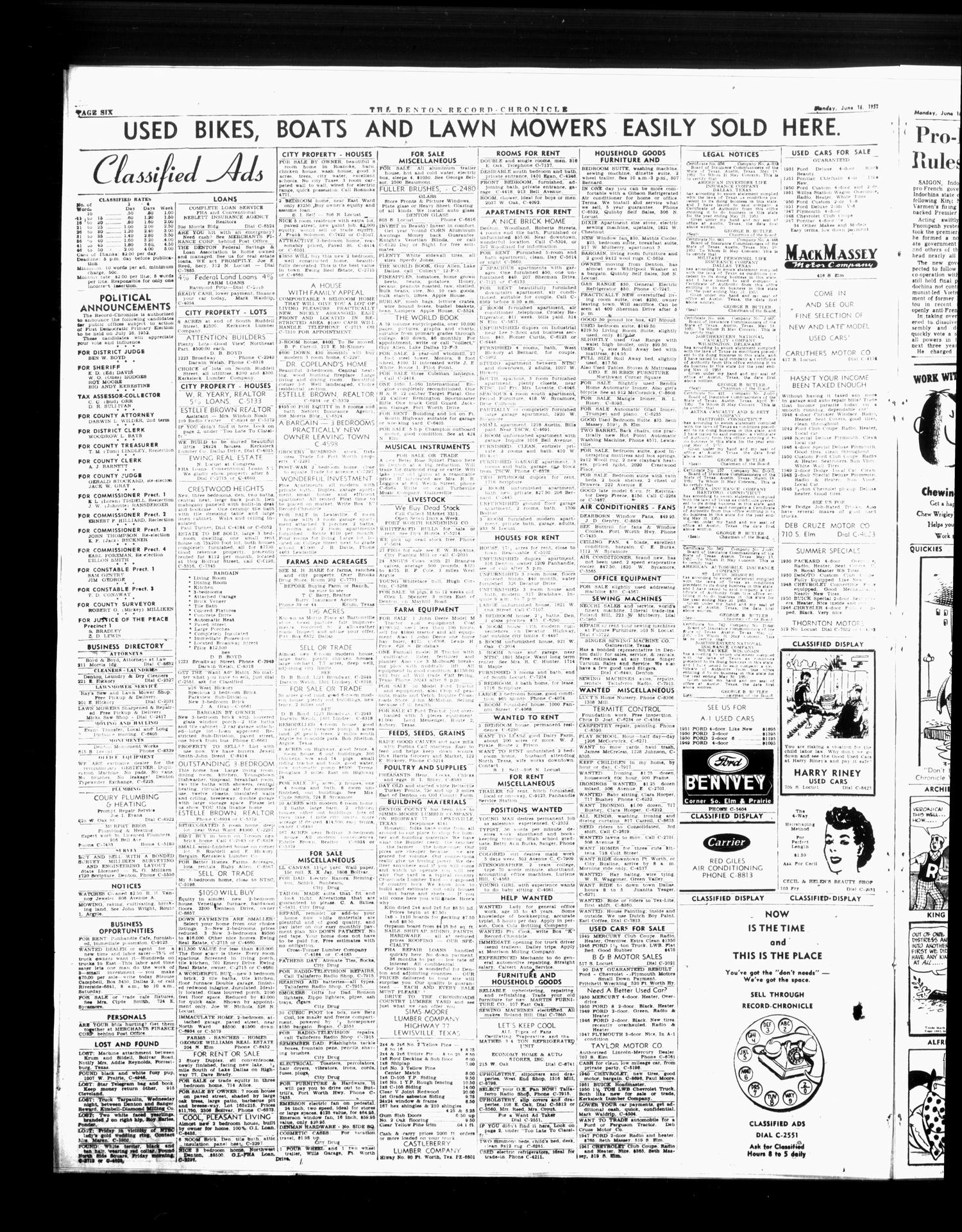 Denton Record-Chronicle (Denton, Tex.), Vol. 49, No. 256, Ed. 1 Monday, June 16, 1952
                                                
                                                    [Sequence #]: 6 of 8
                                                