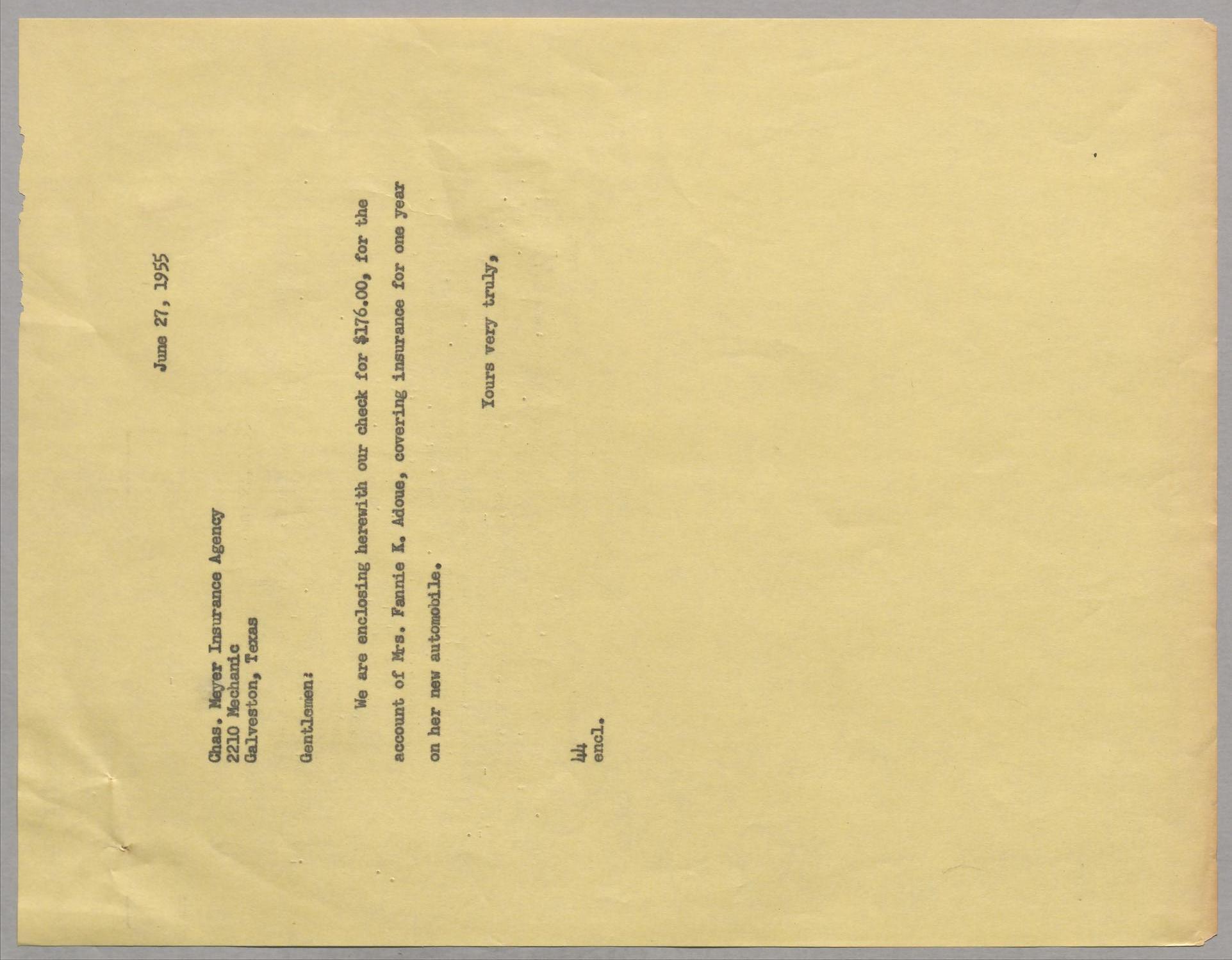 [Letter from A. H. Blackshear, Jr., to Charles Meyer Insurance Agency, June 27, 1955]
                                                
                                                    [Sequence #]: 1 of 2
                                                