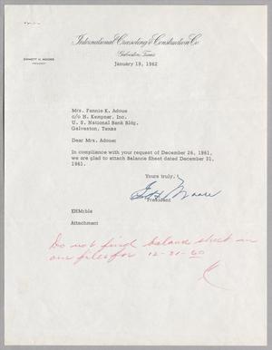 Primary view of object titled '[Letter from E. H. Moore to Fannie K. Adoue, January 19, 1962]'.