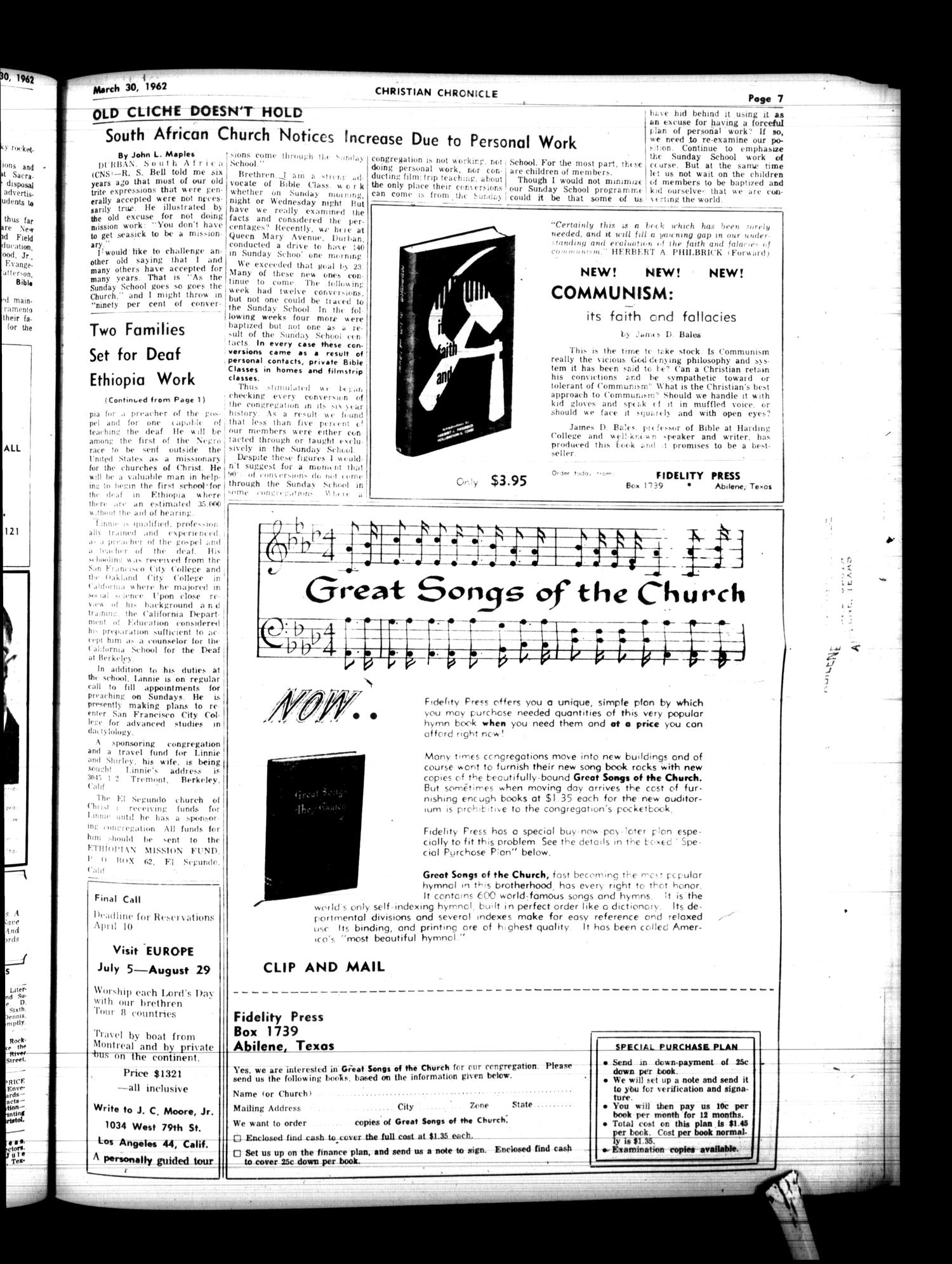 Christian Chronicle (Abilene, Tex.), Vol. 19, No. 25, Ed. 1 Friday, March 30, 1962
                                                
                                                    [Sequence #]: 7 of 8
                                                