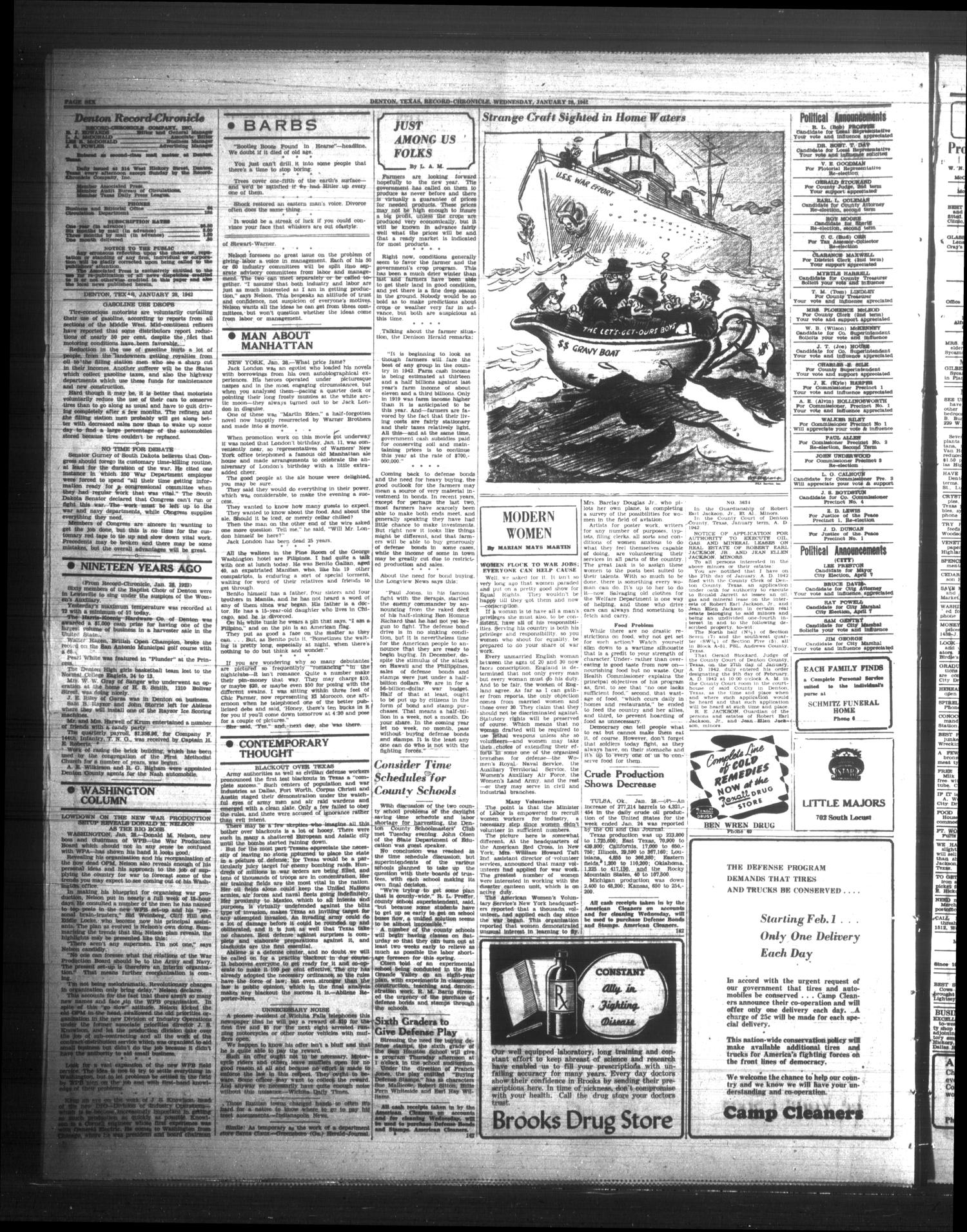 Denton Record-Chronicle (Denton, Tex.), Vol. 41, No. 143, Ed. 1 Wednesday, January 28, 1942
                                                
                                                    [Sequence #]: 6 of 8
                                                