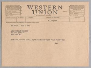 Primary view of object titled '[Telegram from I. H. Kempner to Cecile Kempner, June 4, 1954]'.