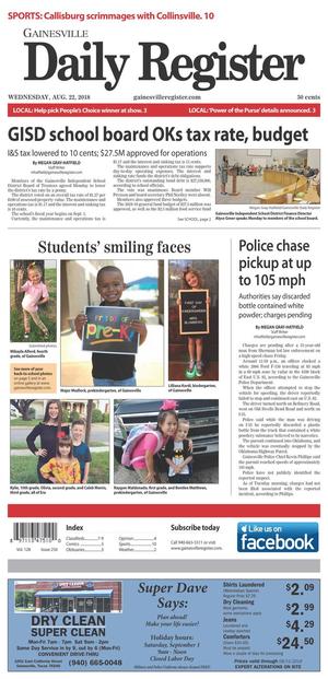 Primary view of object titled 'Gainesville Daily Register (Gainesville, Tex.), Vol. 128, No. 250, Ed. 1 Wednesday, August 22, 2018'.