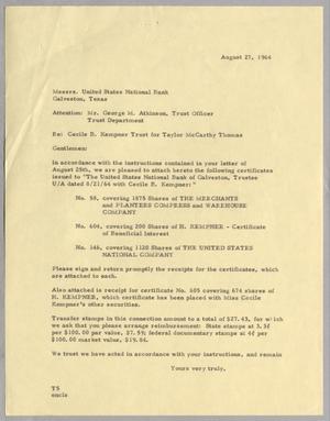 Primary view of object titled '[Letter from T. E. Taylor to United States National Bank, August 27, 1964]'.