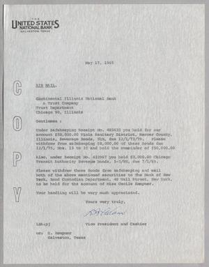 Primary view of object titled '[Letter from United States National Bank to Continental Illinois National Bank, May 17, 1965]'.