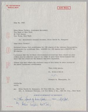 Primary view of object titled '[Letter from H. Kempner to Bank of New York, May 26, 1965]'.