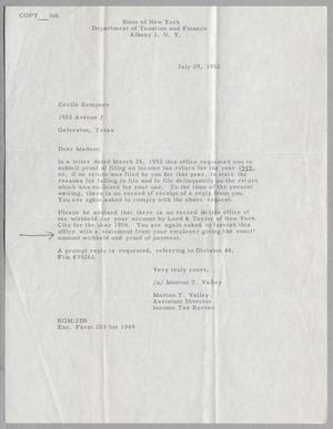 Primary view of object titled '[Letter from Morton T. Valley to Cecile Kempner, July 29, 1952]'.