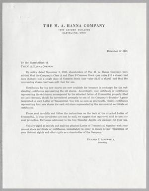 Primary view of object titled '[Letter from M. A. Hanna Company, December 8, 1961]'.