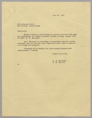 Primary view of object titled '[Letter from D. W. Kempner to Harrisburger Hotel, July 24, 1953]'.
