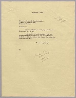 Primary view of object titled '[Letter from D. W. Kempner to Houston Chronicle Publishing Co., March 2, 1953]'.