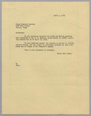Primary view of object titled '[Letter from A. H. Blackshear, Jr. to Group Hospital Service, April 3, 1953]'.