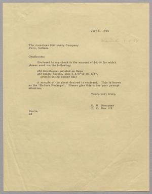 Primary view of object titled '[Letter from D. W. Kempner to The American Stationery Company, July 6, 1954]'.