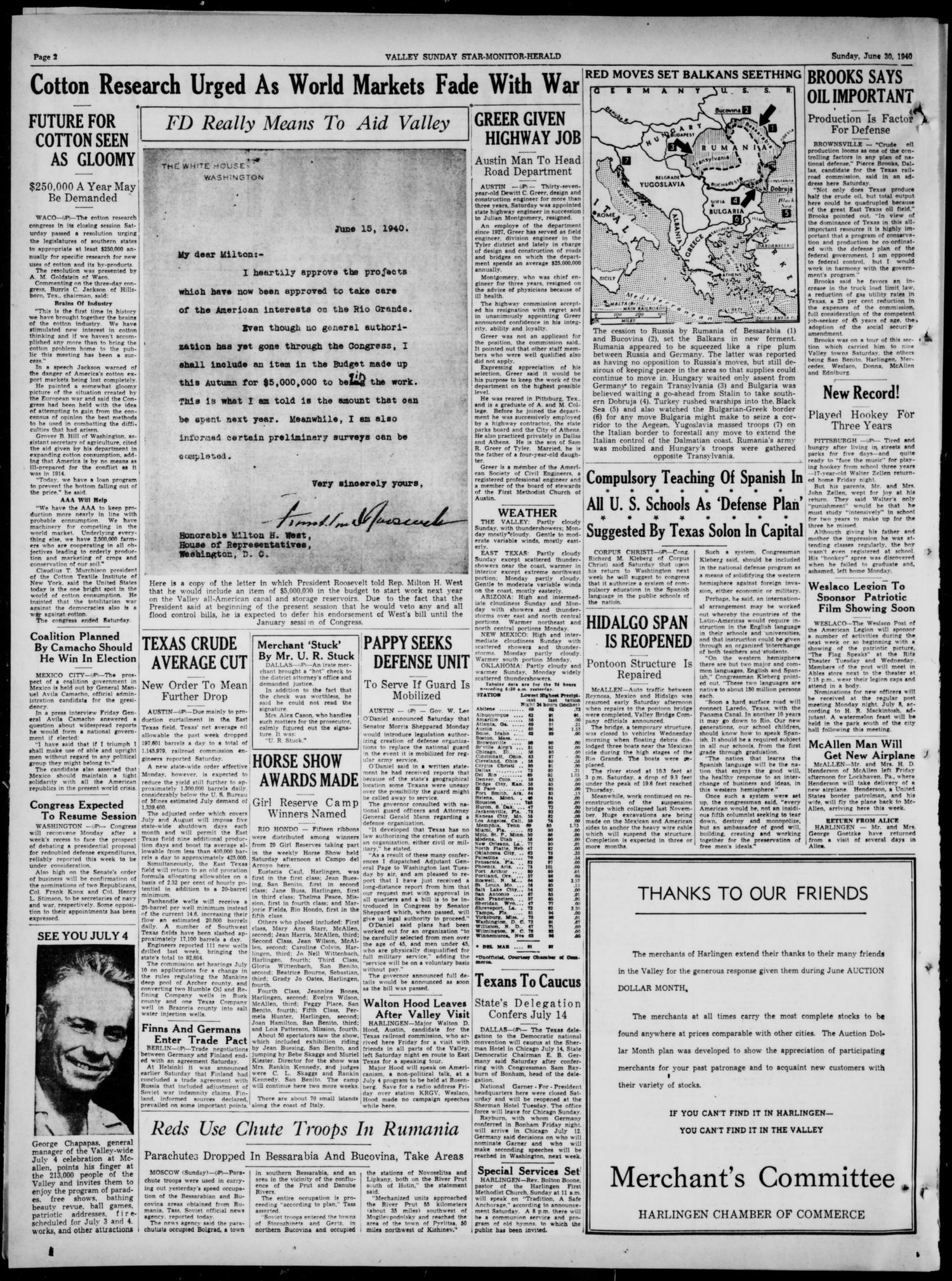 Valley Sunday Star-Monitor-Herald (Harlingen, Tex.), Vol. 3, No. 51, Ed. 1 Sunday, June 30, 1940
                                                
                                                    [Sequence #]: 2 of 34
                                                