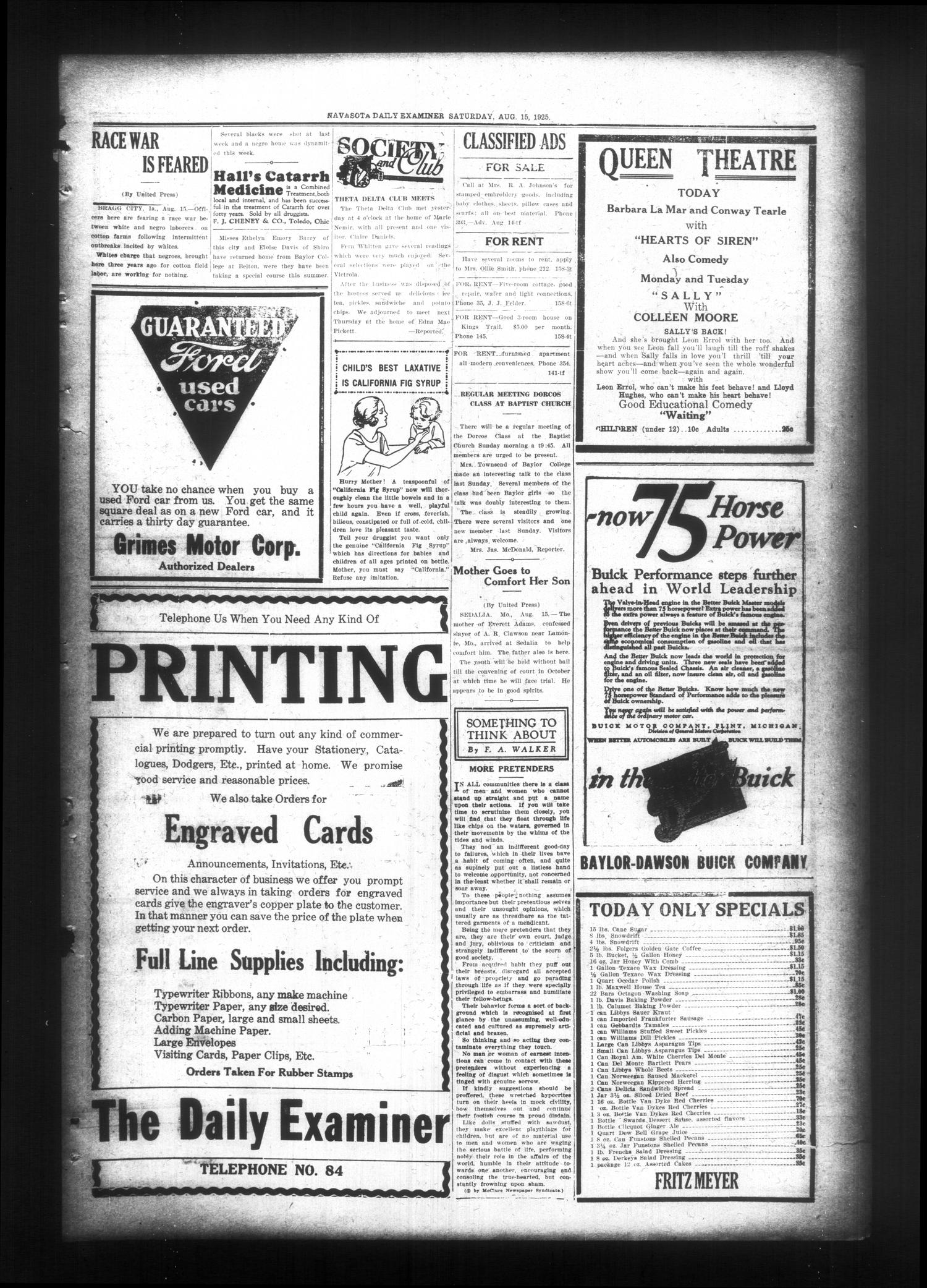 Navasota Daily Examiner (Navasota, Tex.), Vol. 28, No. 161, Ed. 1 Saturday, August 15, 1925
                                                
                                                    [Sequence #]: 3 of 4
                                                