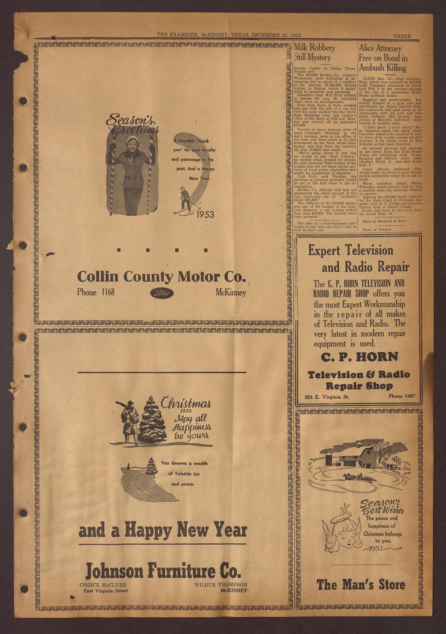 The McKinney Examiner (McKinney, Tex.), Vol. 67, No. 12, Ed. 1 Thursday, December 25, 1952
                                                
                                                    [Sequence #]: 3 of 16
                                                