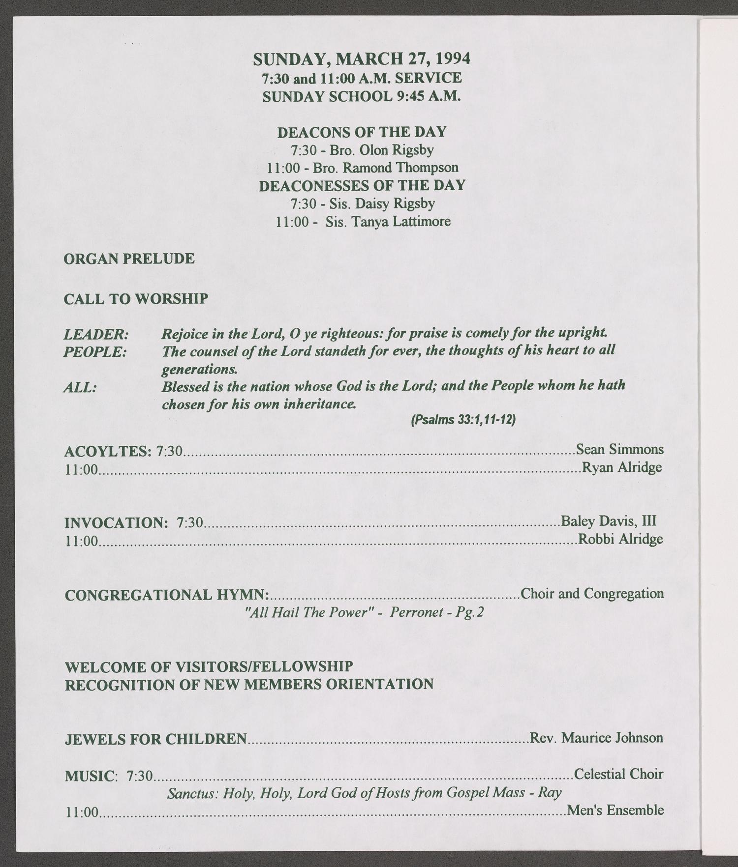 [Wheeler Avenue Baptist Church Bulletin: March 27, 1994]
                                                
                                                    Front Inside
                                                