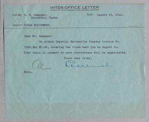 Primary view of object titled '[Inter-Office Letter from Gus D. Ulrich to D. W. Kempner, August 19, 1942]'.