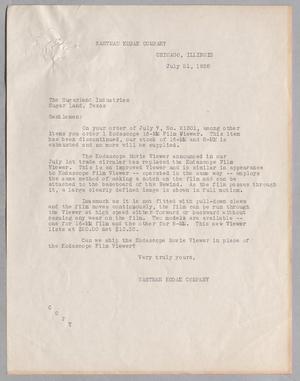 Primary view of object titled '[Letter from Eastman Kodak Company to Sugarland Industries, July 21, 1938]'.