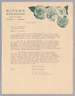 Primary view of object titled '[Letter from Kiyono Nurseries to D. W. Kempner, April 5, 1940]'.