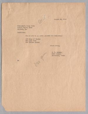 Primary view of object titled '[Letter from Daniel W. Kempner to Pitzonka's Pansy Farm, August 28, 1943]'.