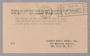 Primary view of object titled '[Card from Liberty Music Shops, Inc., November 12, 1951]'.