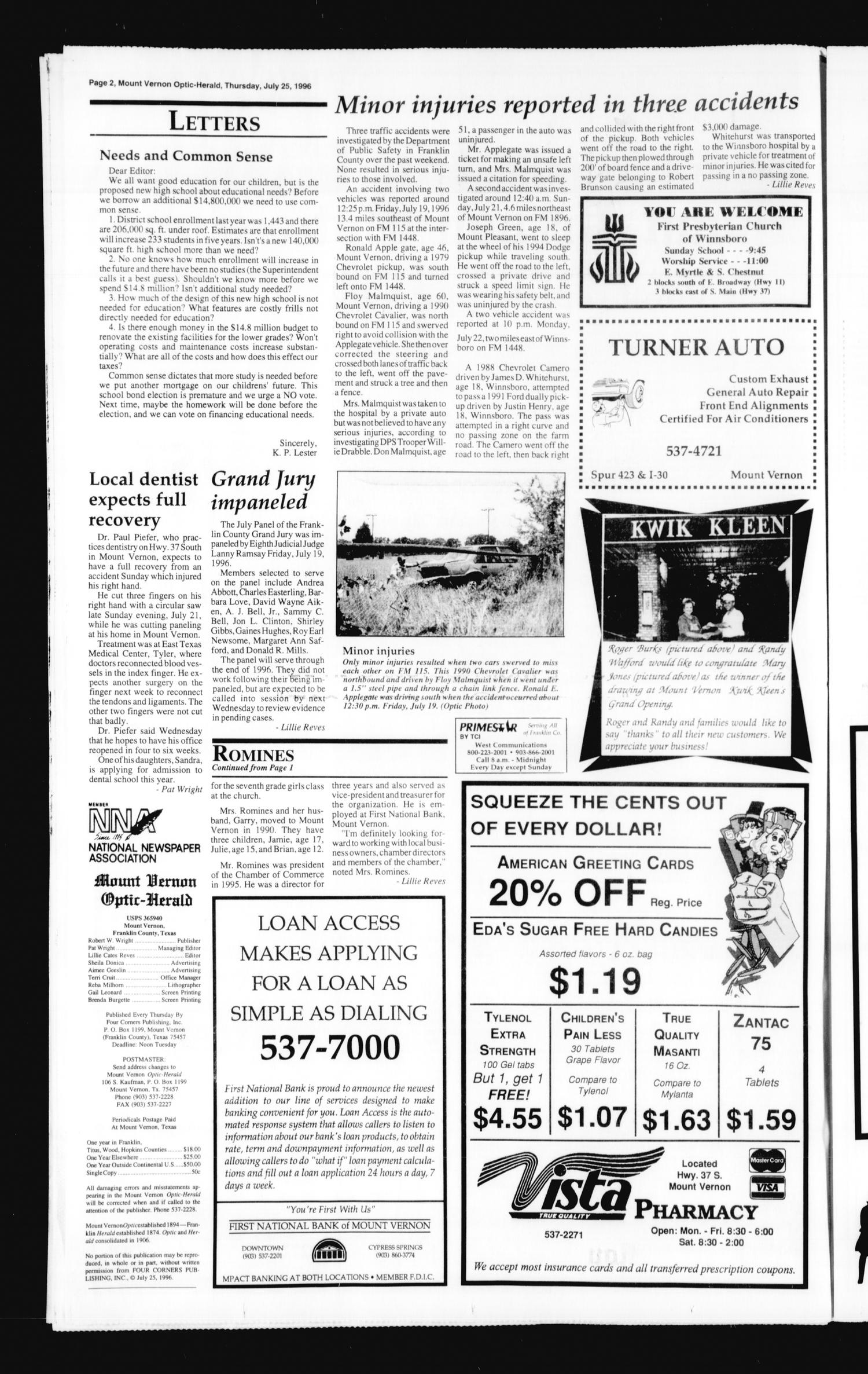 Mount Vernon Optic-Herald (Mount Vernon, Tex.), Vol. 121, No. 50, Ed. 1 Thursday, July 25, 1996
                                                
                                                    [Sequence #]: 2 of 10
                                                