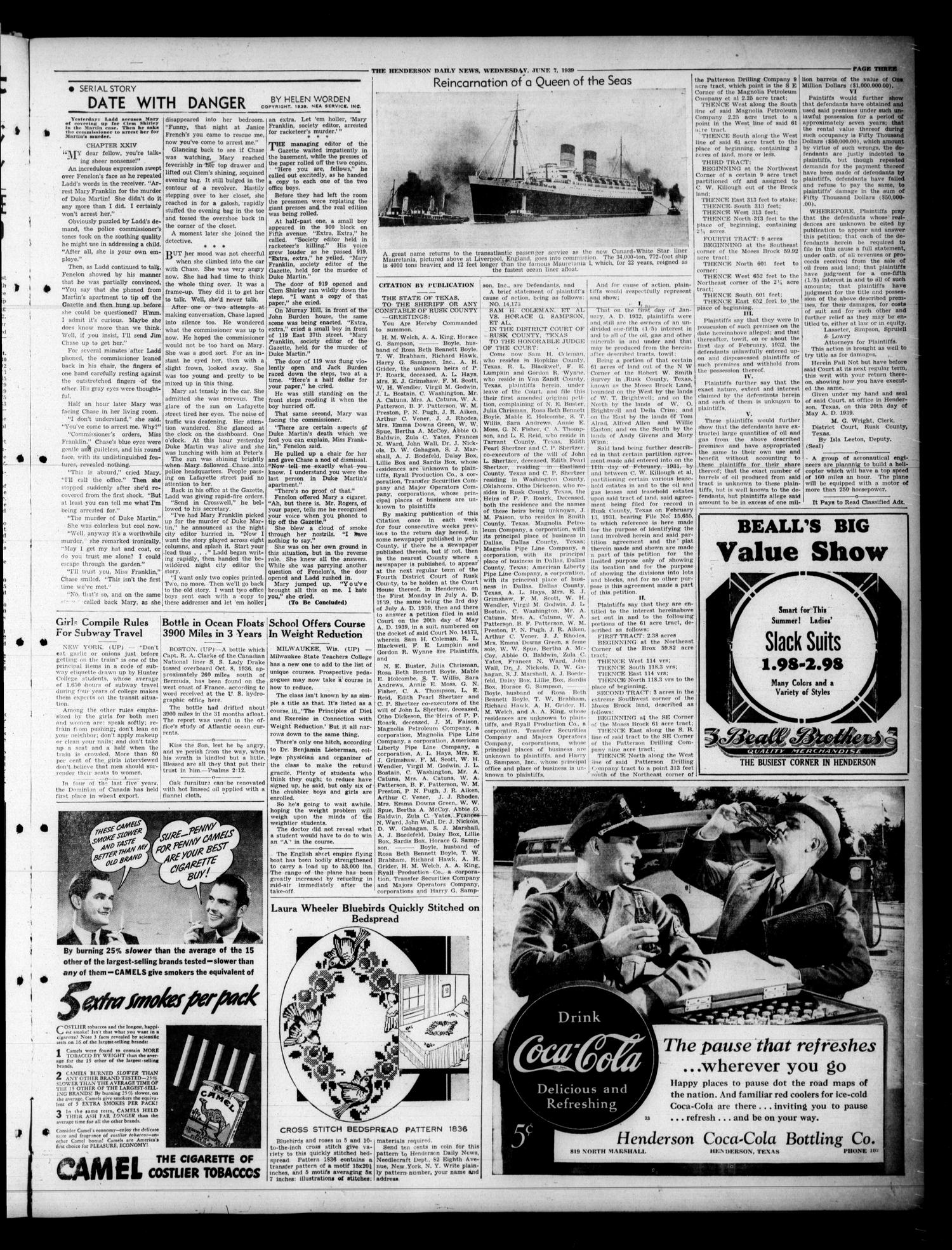 Henderson Daily News (Henderson, Tex.), Vol. 9, No. 69, Ed. 1 Wednesday, June 7, 1939
                                                
                                                    [Sequence #]: 3 of 8
                                                