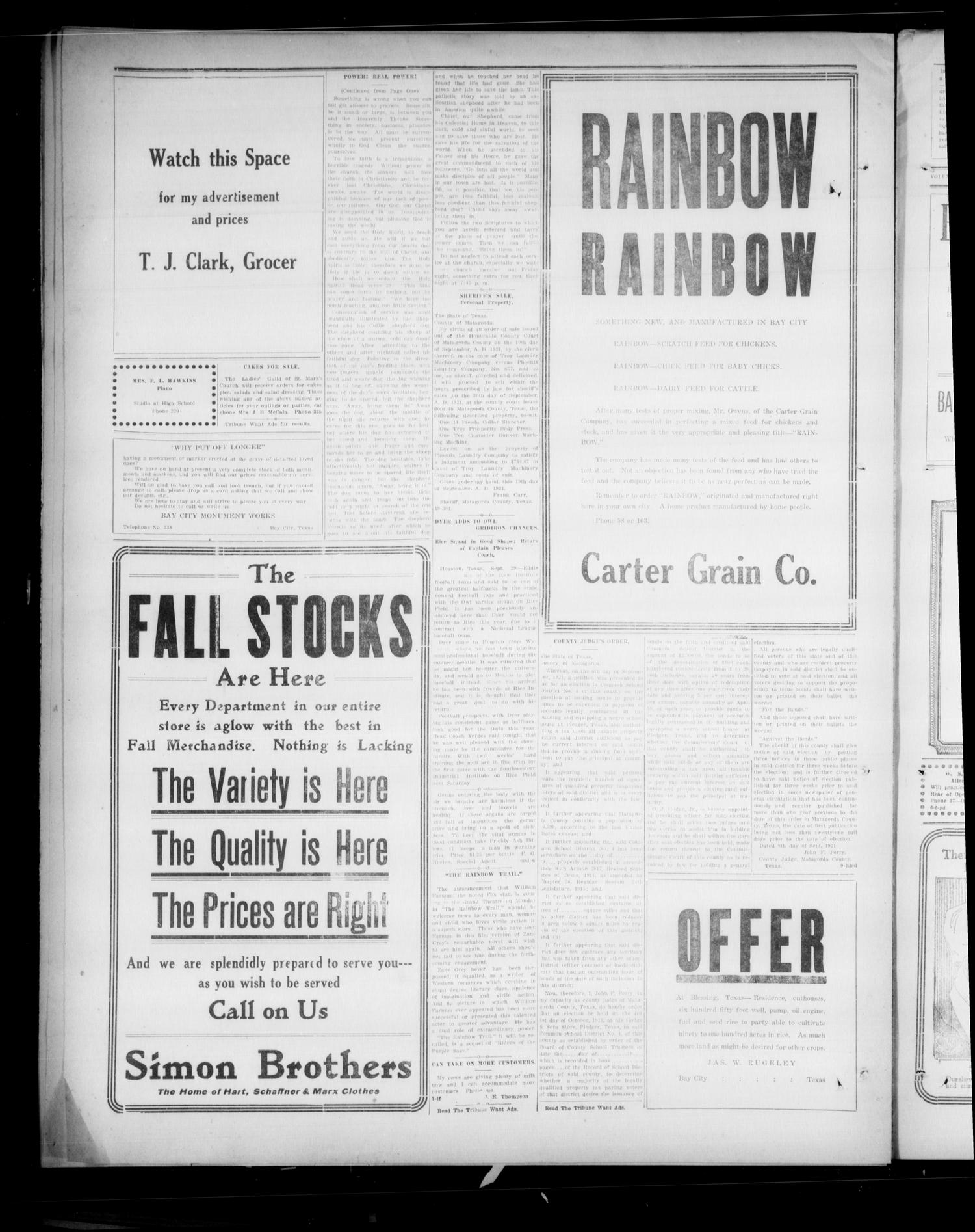 The Daily Tribune (Bay City, Tex.), Vol. 16, No. 253, Ed. 1 Thursday, September 29, 1921
                                                
                                                    [Sequence #]: 4 of 4
                                                