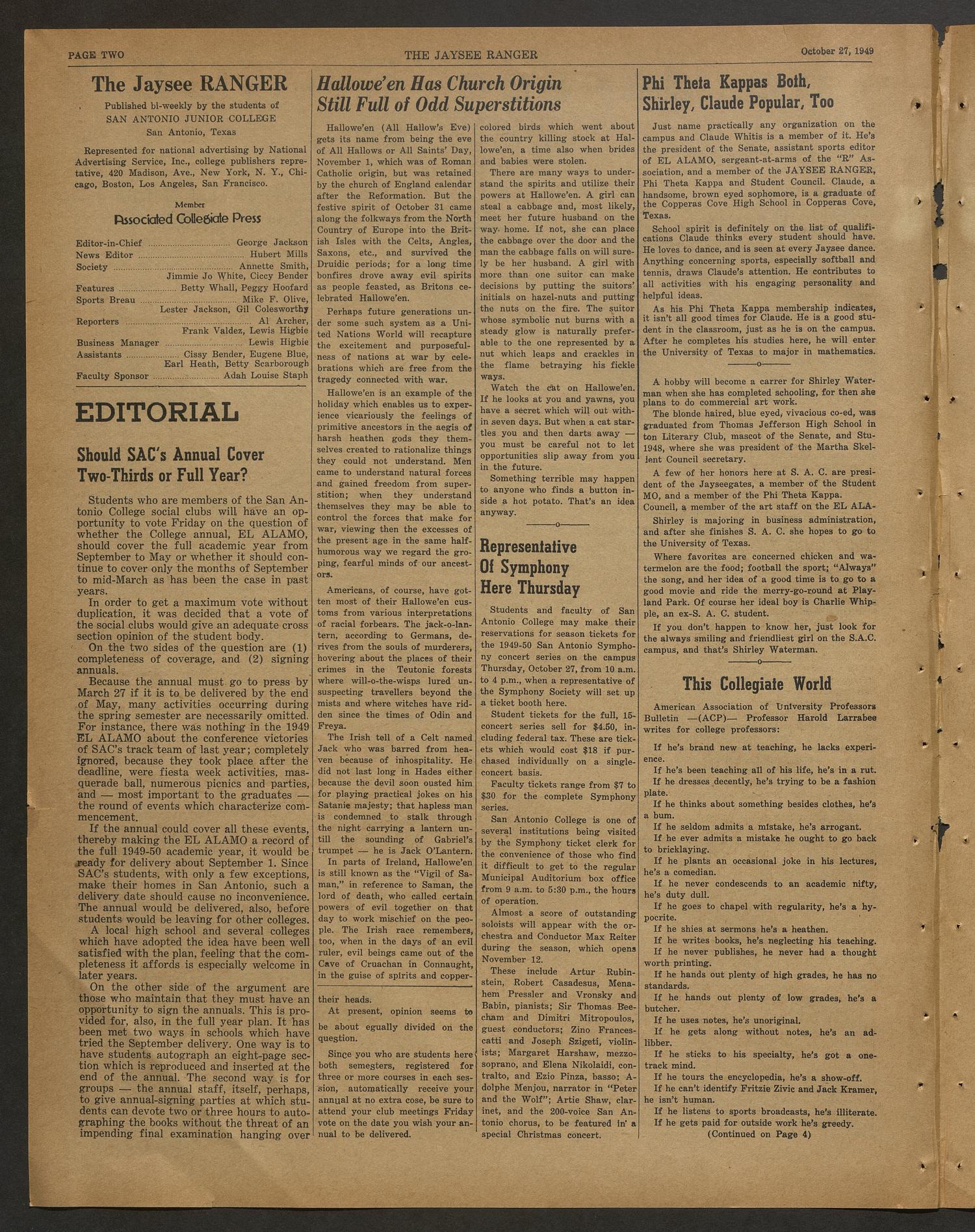 The Jaysee Ranger (San Antonio, Tex.), Vol. 24, No. 4, Ed. 1 Thursday, October 27, 1949
                                                
                                                    [Sequence #]: 2 of 4
                                                