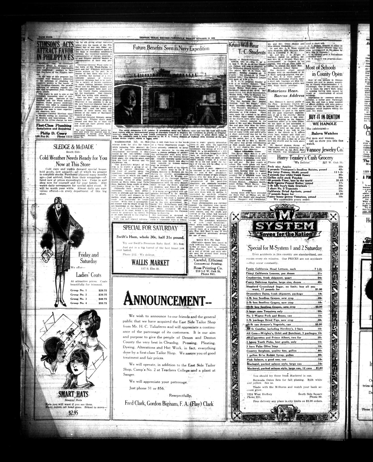 Denton Record-Chronicle (Denton, Tex.), Vol. 28, No. 57, Ed. 1 Friday, October 19, 1928
                                                
                                                    [Sequence #]: 4 of 12
                                                