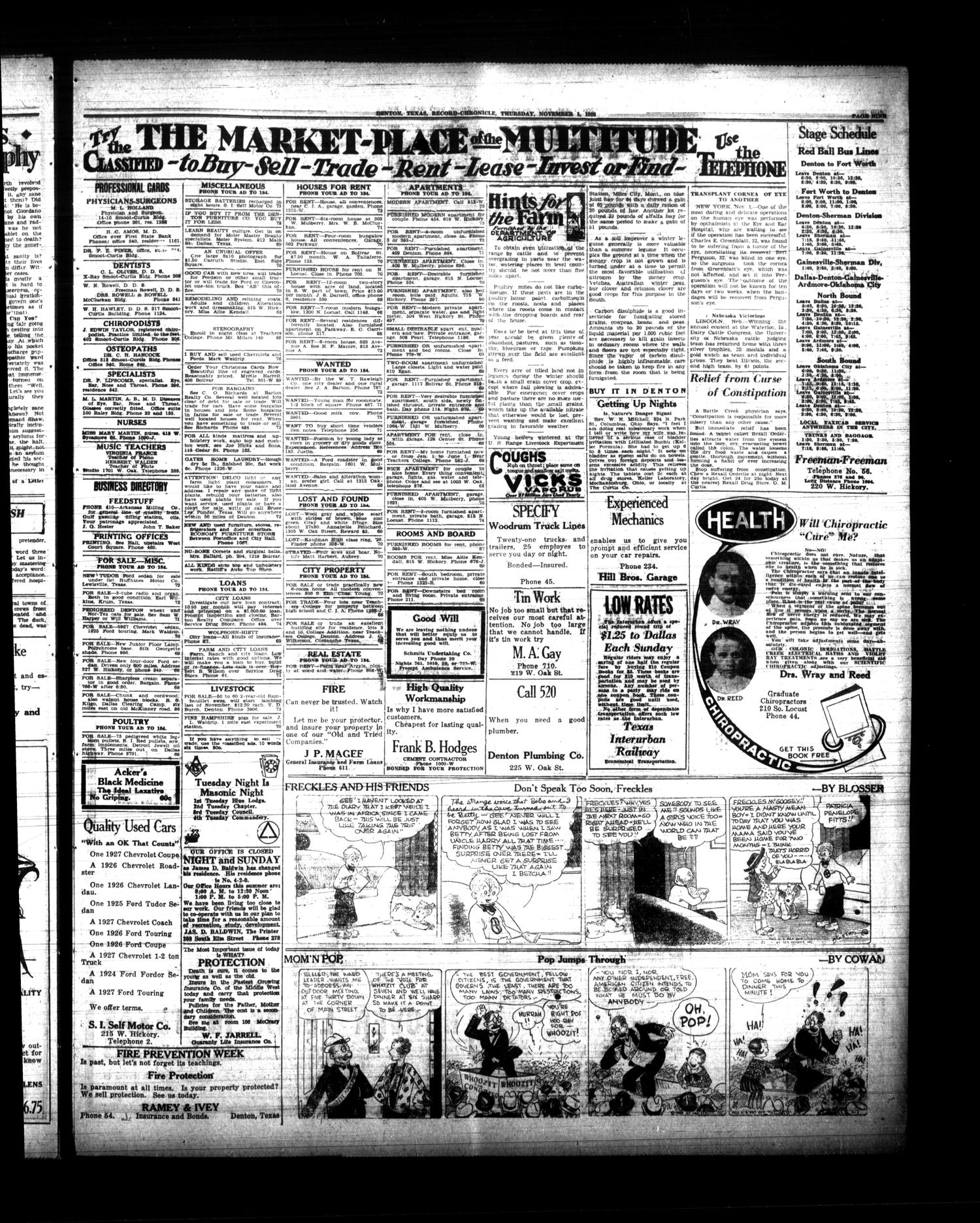 Denton Record-Chronicle (Denton, Tex.), Vol. 28, No. 68, Ed. 1 Thursday, November 1, 1928
                                                
                                                    [Sequence #]: 9 of 10
                                                