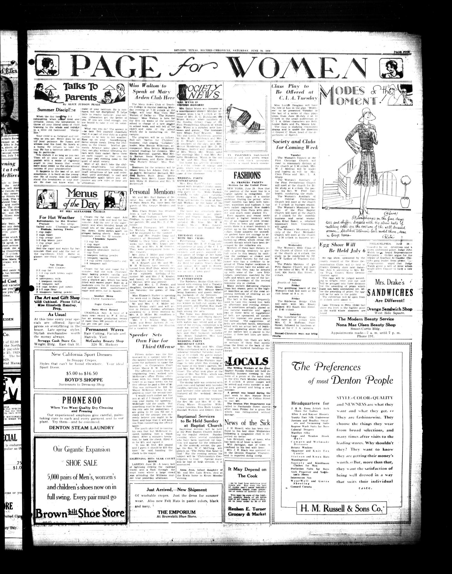 Denton Record-Chronicle (Denton, Tex.), Vol. 28, No. 274, Ed. 1 Saturday, June 29, 1929
                                                
                                                    [Sequence #]: 5 of 10
                                                